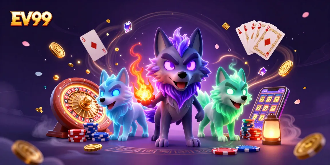Experience exciting gaming at EV99 with 3D wolves amidst vibrant casino elements.