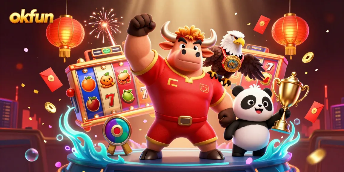 Celebrate wins at okfun with energetic characters and vibrant casino elements glowing around a lively scene.