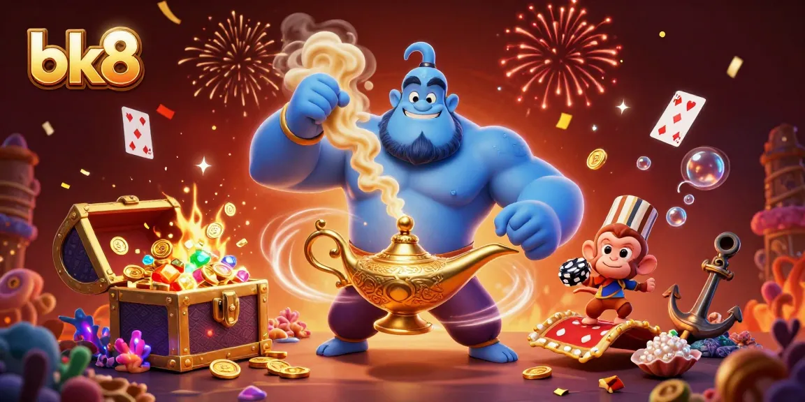 Experience thrilling gameplay at bk8 as a genie unleashes big wins in a vibrant casino scene.