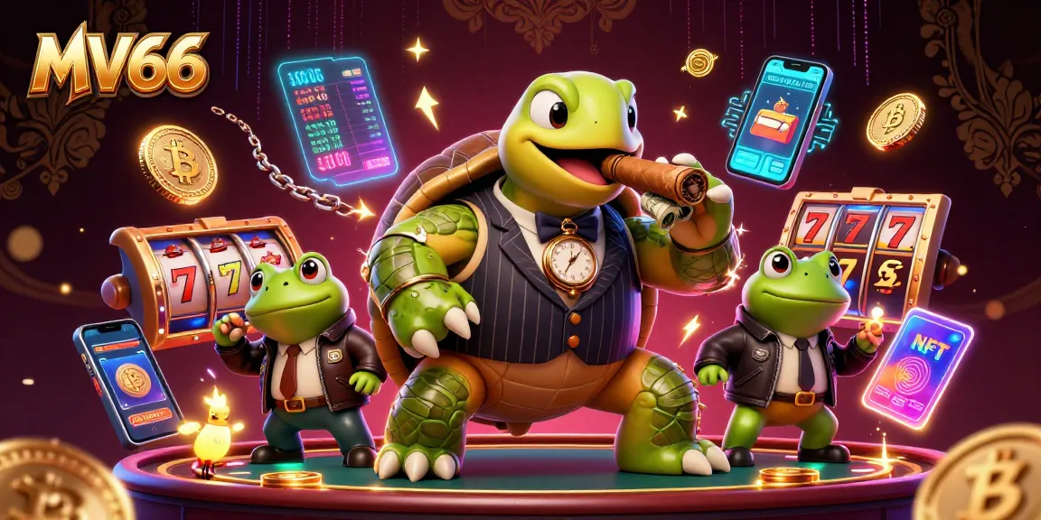MV66 showcases a vibrant 3D casino scene with a turtle in a mobster suit amid slot reels and crypto coins.