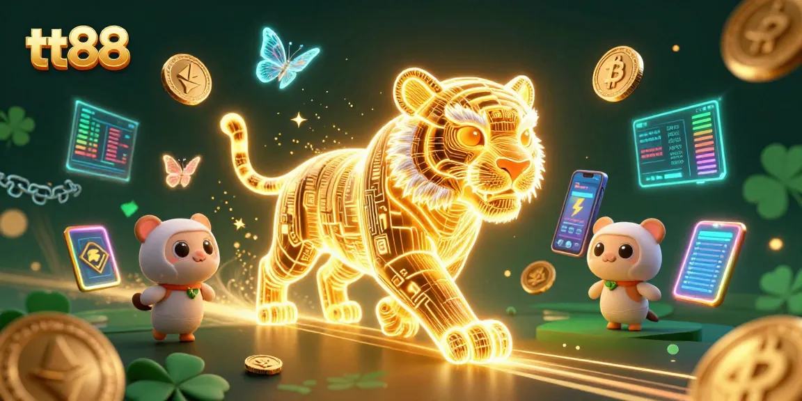 Engage with tt88's vibrant features as a golden tiger navigates a digital casino landscape.
